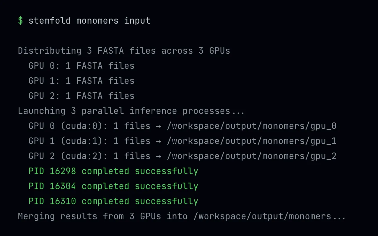 A stemfold run distributing three FASTA files across GPUs 0, 1 and 2, then reporting all three worker processes completed successfully before merging results